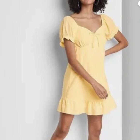WILD FABLE  Women's Butter Yellow Mini Summer Dress Babydoll Puff Sleeve Large - Picture 1 of 8